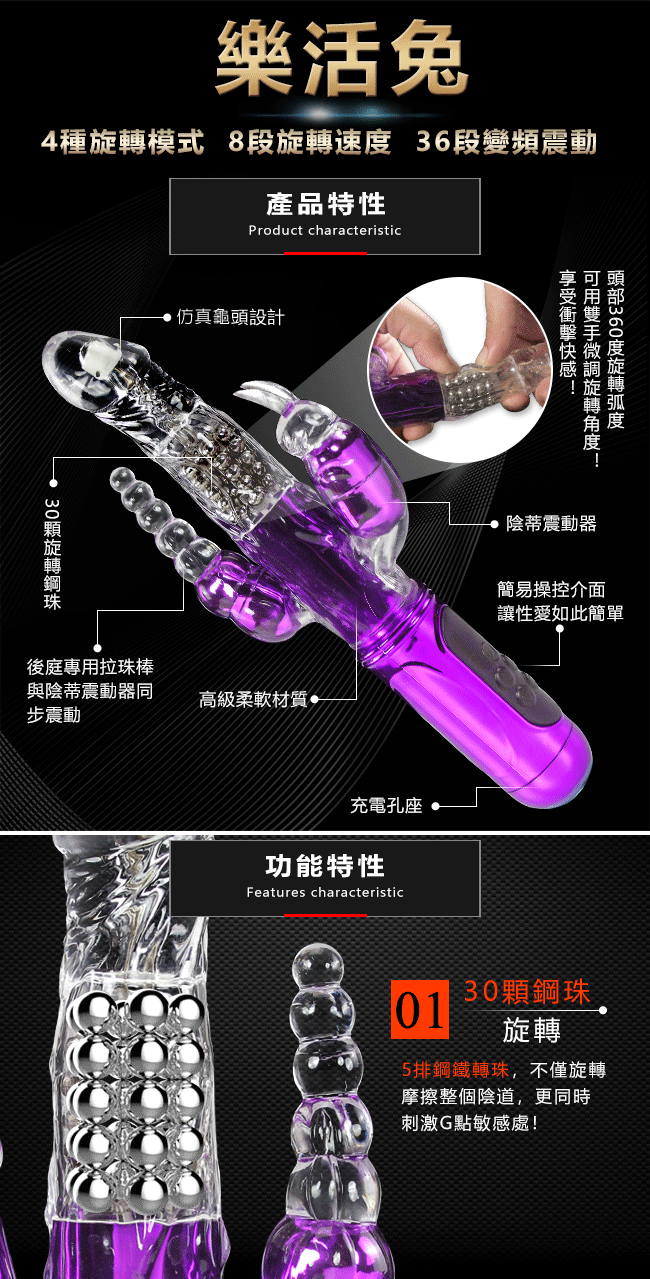 樂活兔 ‧ 4X8X36多功能旋轉+變頻震動充電按摩棒﹝陰道+後庭+陰蒂三方觸擊﹞鍍金紫 E590212 多功能旋轉按摩棒 详情图 2