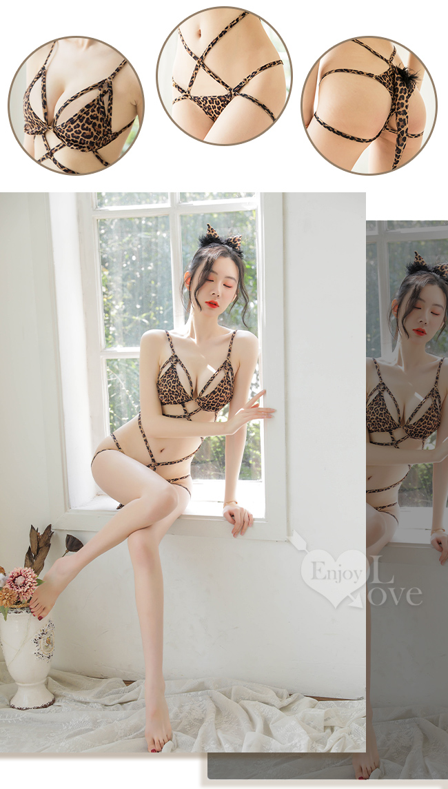 情趣連身衣!狂野豹紋交織束縛鏤空三件組 - 含髮箍 E535627 详情图 4
