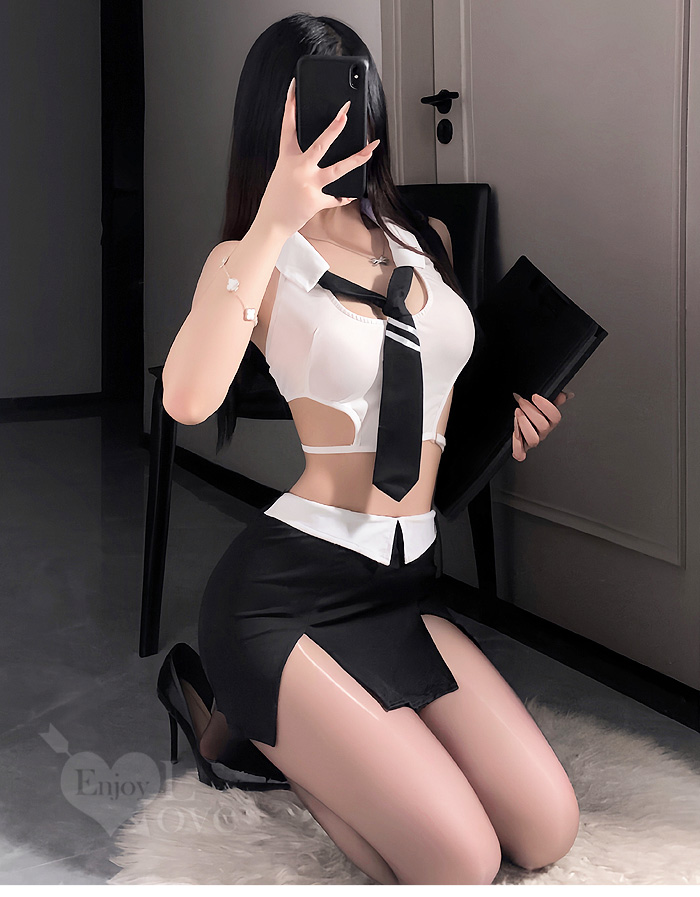 秘書角色扮演服！細帶露腰短上衣撞色雙開衩包臀裙四件式套裝 E536285【EnjoyLove 衣飾館】 详情图 6
