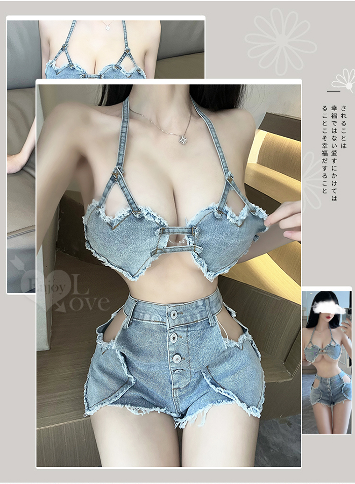 【情趣牛仔】愛心造型雙線後綁帶比基尼小挖空短褲兩件組 E535974 详情图 3