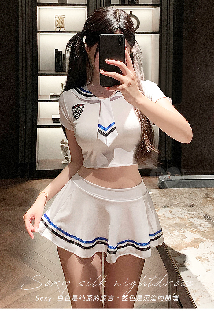 學生角色扮演服!純白大方水手領露腰短版上衣 × 條紋短裙三件組 E536308 详情图 3