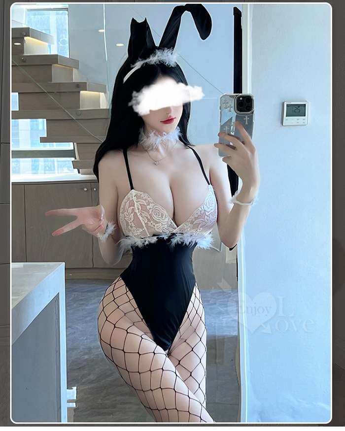 兔女郎角色扮演服！可調細肩透視雪乳毛邊開襠連身衣含網襪五件式套裝 E535973 详情图 5