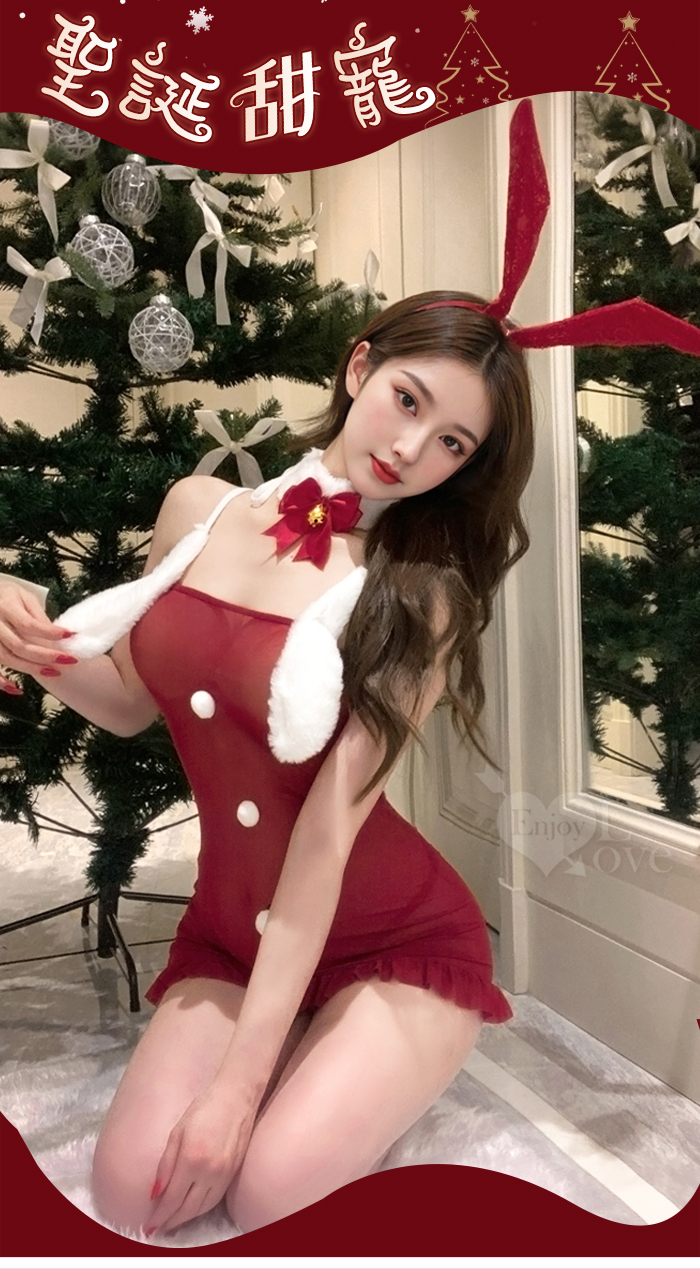 聖誕魅力／新年狂歡派對！甜美透視毛球點綴純慾奶蓋掩胸包臀連身裙四件式套裝 E536288【EnjoyLove 衣飾館】 详情图 2