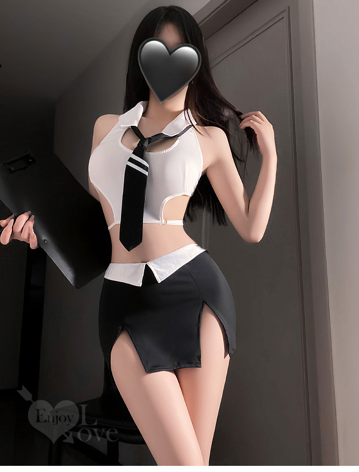 秘書角色扮演服！細帶露腰短上衣撞色雙開衩包臀裙四件式套裝 E536285【EnjoyLove 衣飾館】 详情图 5