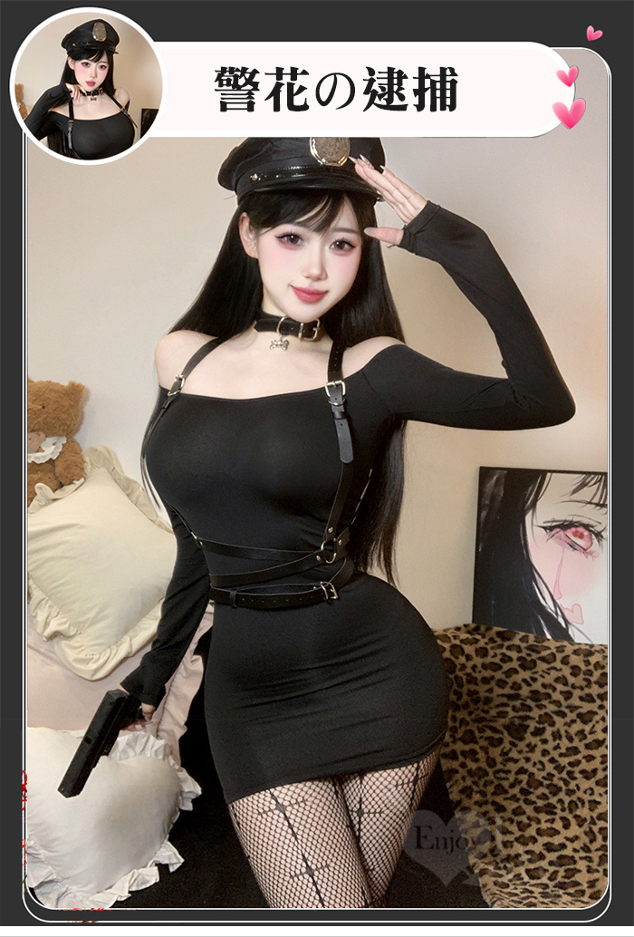 女警角色扮演服！率性一字領露肩連身裙搭十字網襪含背帶五件式套裝 E536228 详情图 2