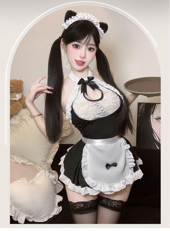 女僕角色扮演服！荷葉邊蕾絲水滴透胸連身裙含木耳邊蝴蝶結圍裙四件式套裝 E536251 详情图 5