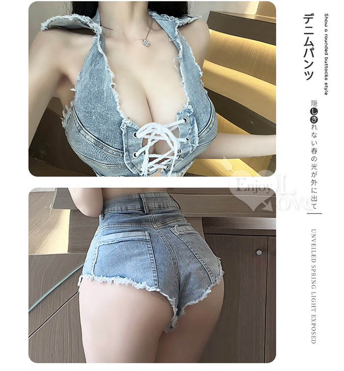 【情趣牛仔】交叉綁帶帥氣翻領削肩火辣鬚邊熱褲兩件組 E535975 详情图 7