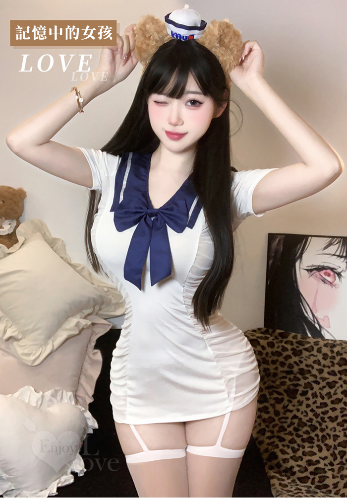 學生角色扮演服！後背交叉綁帶鏤空側腰抽褶薄紗翻領連身裙四件式套裝 E536237 详情图 7