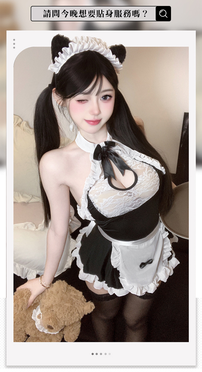 女僕角色扮演服！荷葉邊蕾絲水滴透胸連身裙含木耳邊蝴蝶結圍裙四件式套裝 E536251 详情图 2
