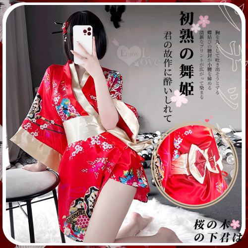 情趣和服!日系印花低領寬袖立體蝴蝶結腰封側高衩三件組 E536007 详情图 1