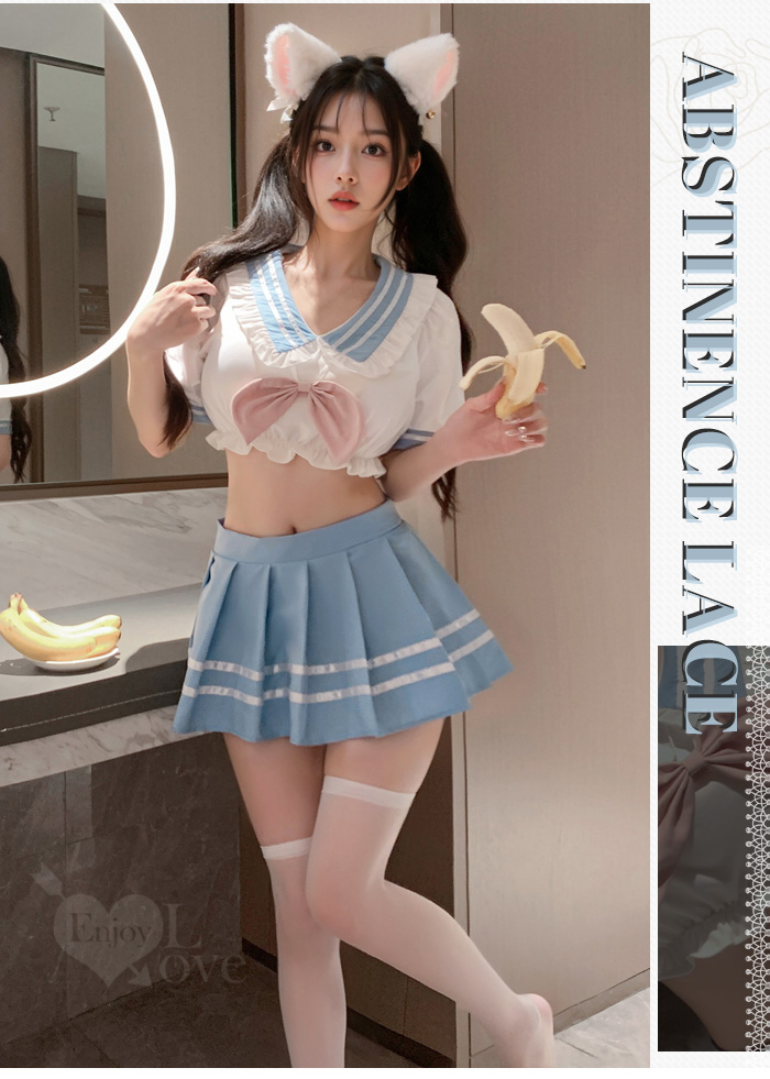 學生角色扮演服！翻領蝴蝶結波浪彈力花邊俏皮百褶裙四件式套裝 E536210 详情图 7