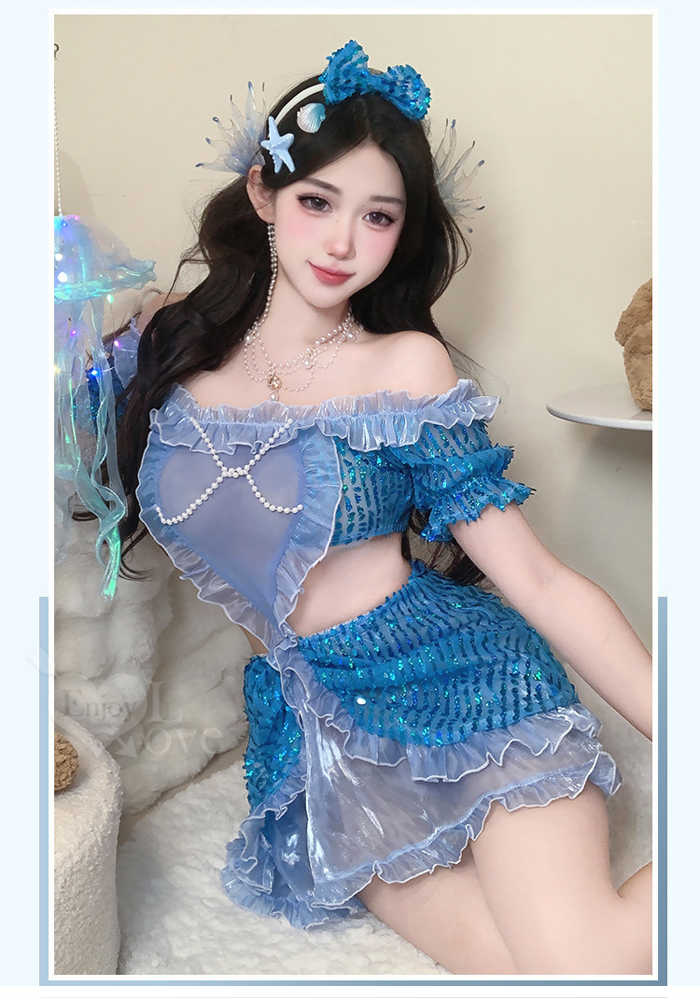 美人魚角色扮演服！扭結珠鍊飾胸薄紗連結鏤空纖腰澎澎亮片連身裙三件組 E536253 详情图 6