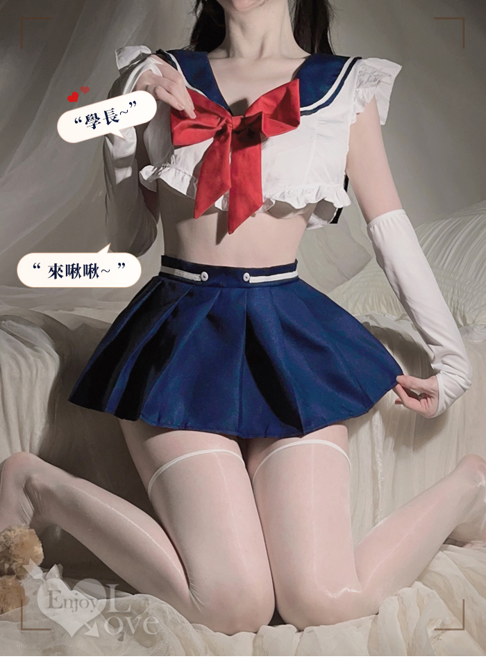 學生角色扮演服！露腰短上衣方形水手領齊臀百褶裙五件式套裝 E536108 详情图 7