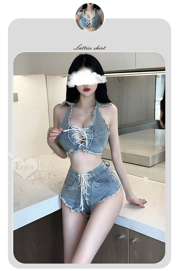 【情趣牛仔】交叉綁帶帥氣翻領削肩火辣鬚邊熱褲兩件組 E535975 详情图 2