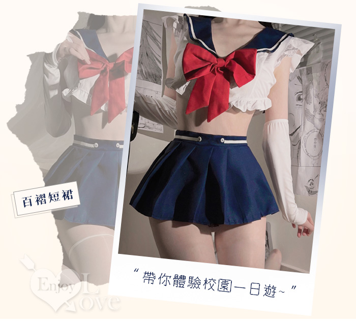 學生角色扮演服！露腰短上衣方形水手領齊臀百褶裙五件式套裝 E536108 详情图 6