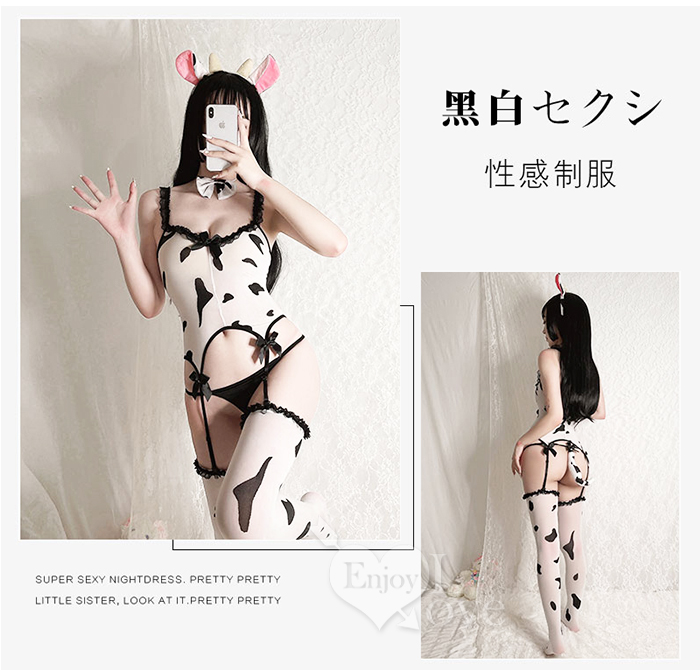 萌系奶牛角色扮演服！雪白透膚連身衣蝴蝶結吊襪帶五件式套裝 E535751 详情图 7