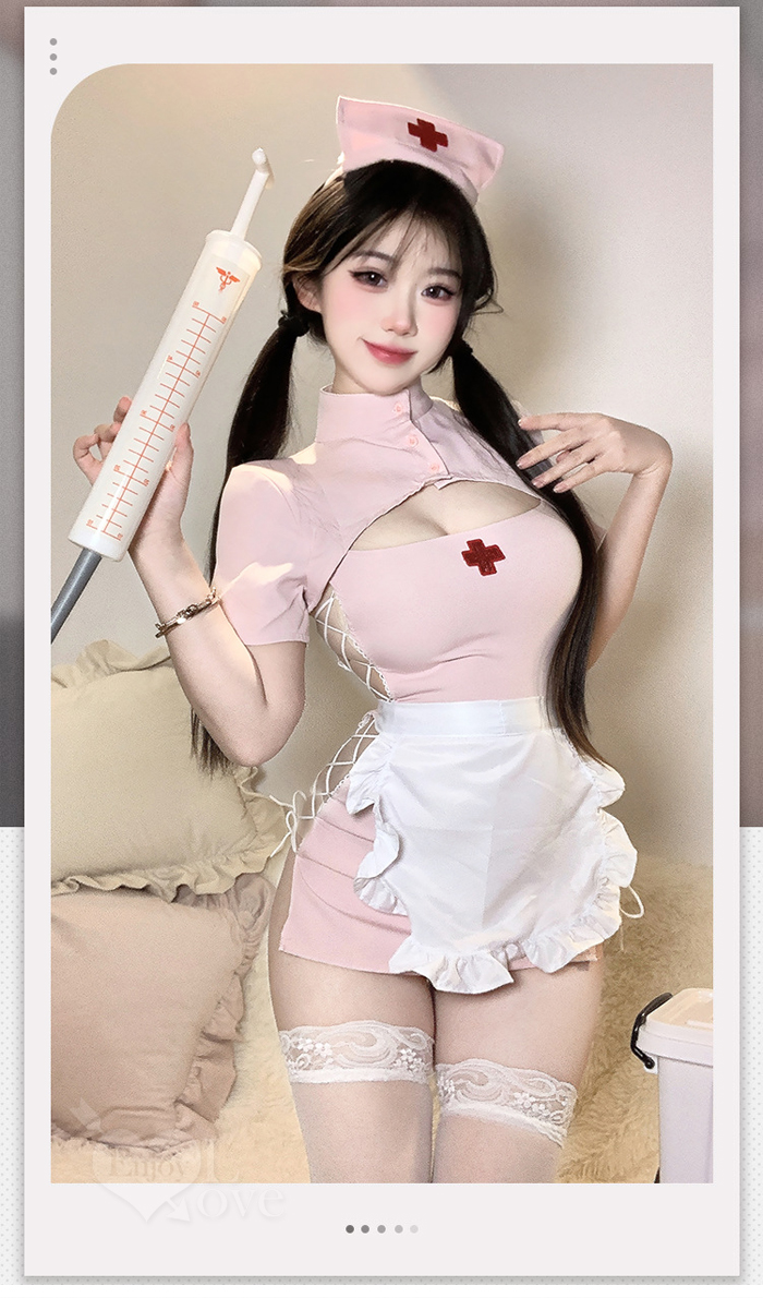 護士角色扮演服！俏皮立領挖空露溝交叉綁帶連身裙五件式套装 E536225 详情图 2