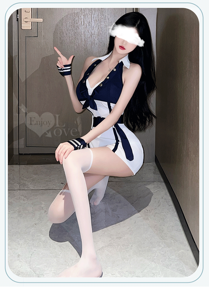 學生角色扮演服！經典藍白性感立領腰際顯瘦連身裙四件式套裝 E535951 详情图 7