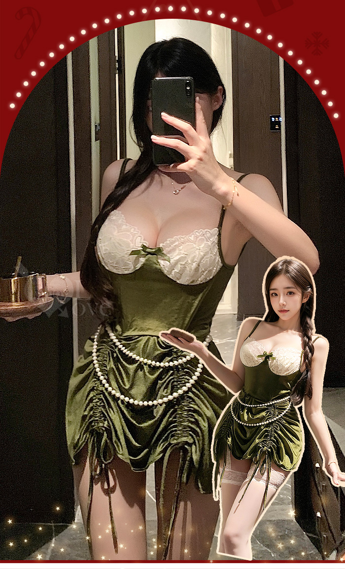 聖誕魅力／新年狂歡派對！露背綁帶 × 珠鍊纖腰 × 蜜桃臀抽繩｜香誘絲絨連身裙二件組﹝綠﹞ E536318【EnjoyLove 衣飾館】 详情图 4