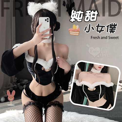 女僕角色扮演服！復古絲絨毛毛邊挖空露溝開襠免脫四件式套裝 共2款 536005 536006 详情图 2