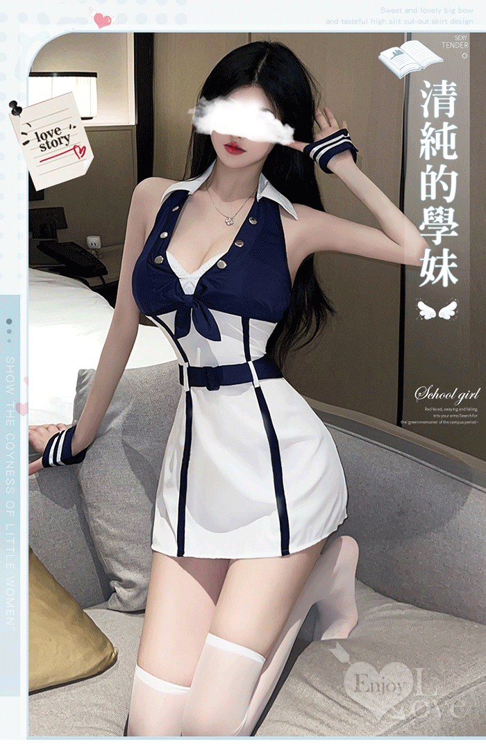 學生角色扮演服！經典藍白性感立領腰際顯瘦連身裙四件式套裝 E535951 详情图 2