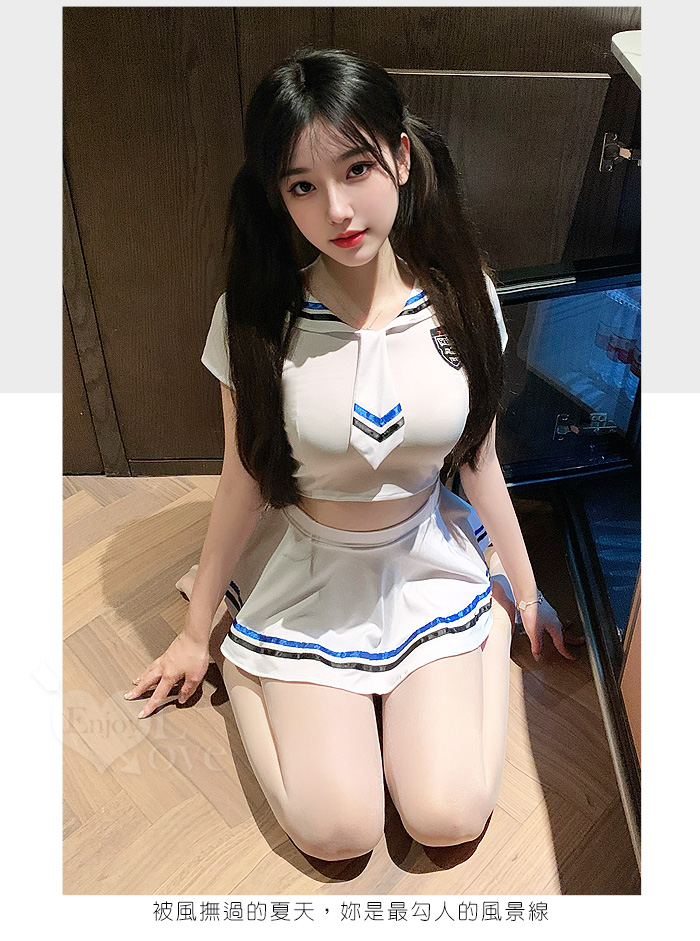 學生角色扮演服!純白大方水手領露腰短版上衣 × 條紋短裙三件組 E536308 详情图 5