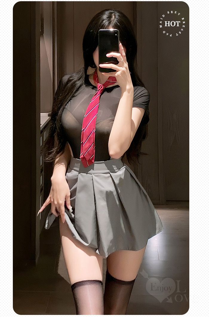 學生角色扮演服！純慾蝴蝶結高衩可開襠透視連身衣百褶短裙三件組 E531841 详情图 6